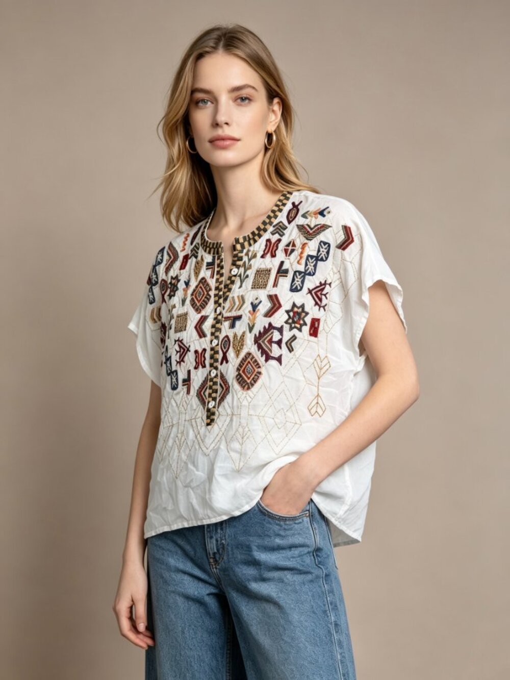 NWOT Johnny Was Biya Silk Embroidered Floral Top Shirt Blouse Size S